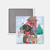 雪の中のダックスシュント犬の家 マグネット (正面/裏面)