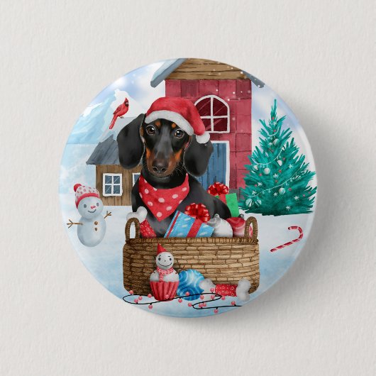 雪の中のダックスシュント犬の家 缶バッジ (正面)