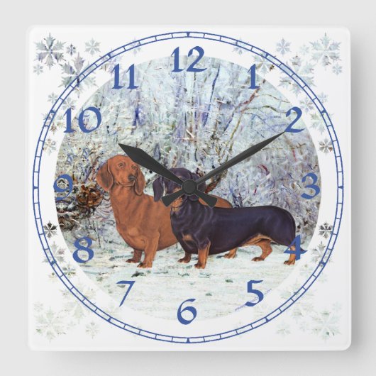 雪の中のダックスフント スクエア壁時計 (正面)