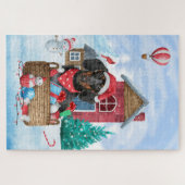 雪の中のダックスフンドとクリスマスの犬小屋 ジグソーパズル (横)