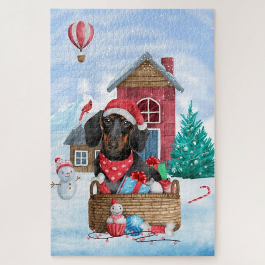 雪の中のダックスフンドとクリスマスの犬小屋 ジグソーパズル (縦)