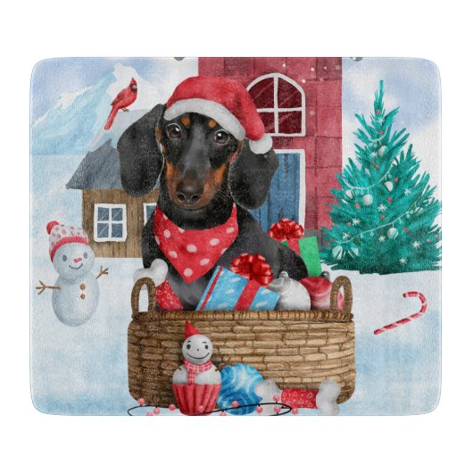 雪の中のダックスフンド、クリスマスの犬小屋 カッティングボード (正面)