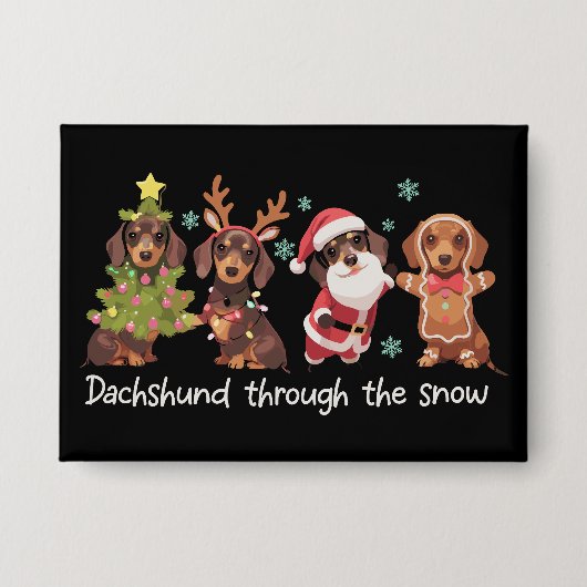 雪の中のダックスフンド 楽しいクリスマスの犬 缶バッジ (正面)