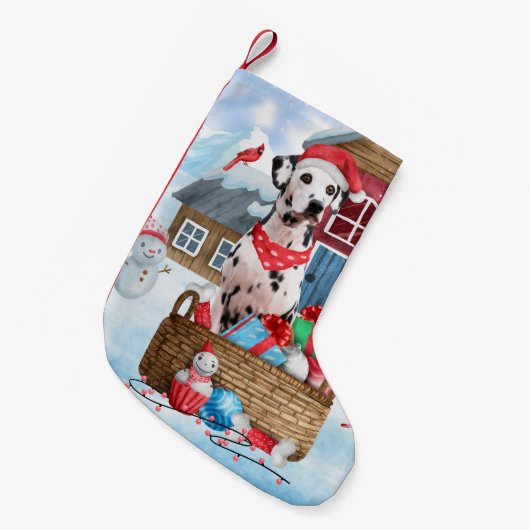 雪の中のダルマチアン犬クリスマスドッグハウス スモールクリスマスストッキング (正面 (吊り時))