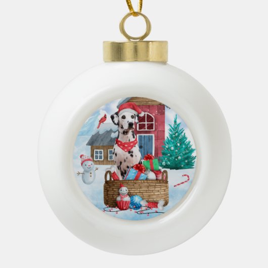 雪の中のダルマチアン犬クリスマスドッグハウス セラミックボールオーナメント (正面)