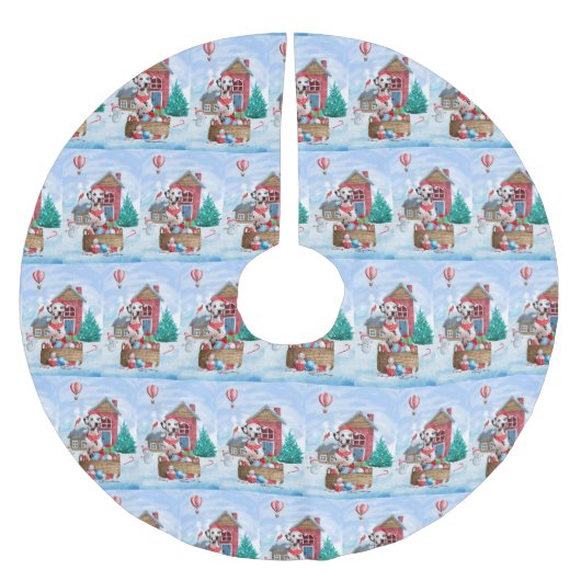 雪の中のダルマチアン犬クリスマスドッグハウス ブラッシュドポリエステルツリースカート (正面)