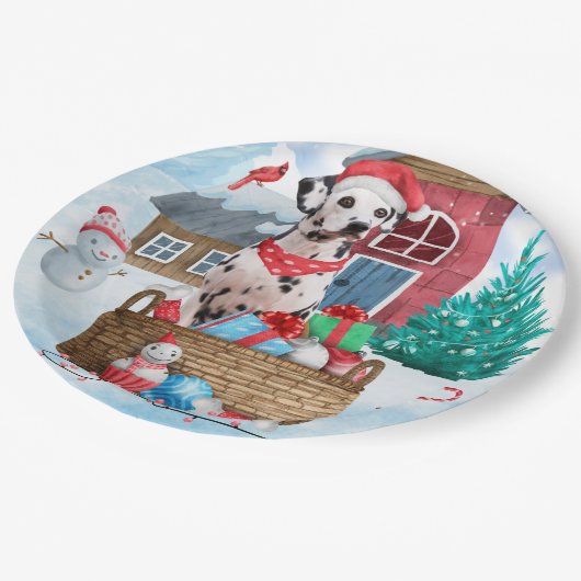 雪の中のダルマチアン犬クリスマスドッグハウス ペーパープレート (アングル)