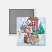雪の中のダルマチアン犬クリスマスドッグハウス マグネット (正面/裏面)