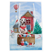 雪の中のダルマチアン犬クリスマスドッグハウス ミディアムペーパーバッグ (裏面)