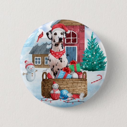 雪の中のダルマチアン犬クリスマスドッグハウス 缶バッジ (正面)