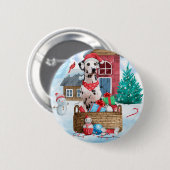雪の中のダルマチアン犬クリスマスドッグハウス 缶バッジ (正面&裏面)
