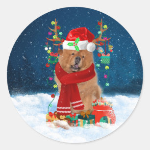 雪の中のチャウドッグにクリスマスプレゼントを ラウンドシール