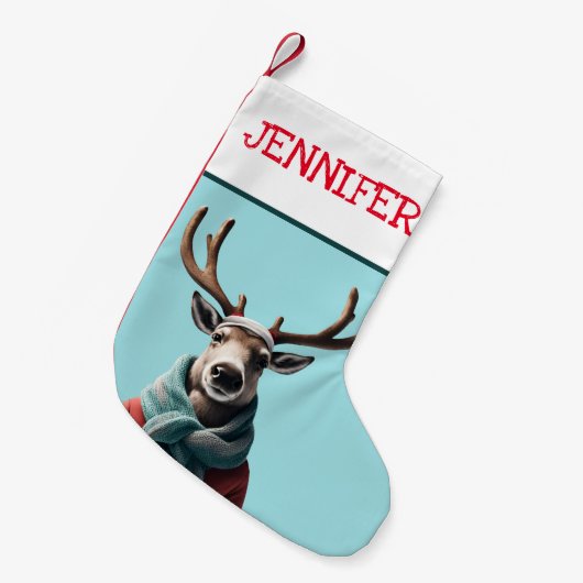 雪の中のトナカイカスタムクリスマスサンタ スモールクリスマスストッキング (正面 (吊り時))
