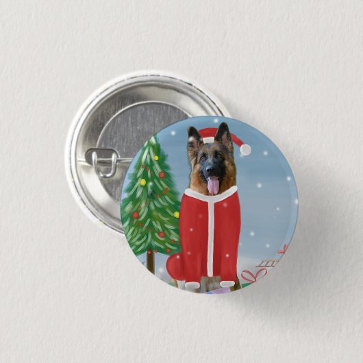 雪の中のドイツの羊飼い犬とクリスマスプレゼント 缶バッジ (正面&裏面)