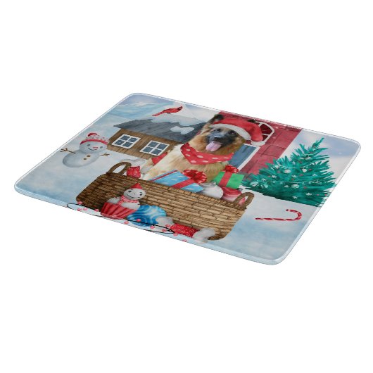 雪の中のドイツの羊飼い犬クリスマスドッグハウス カッティングボード (角)