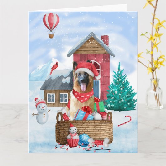 雪の中のドイツの羊飼い犬クリスマスドッグハウス カード (黄色い花)