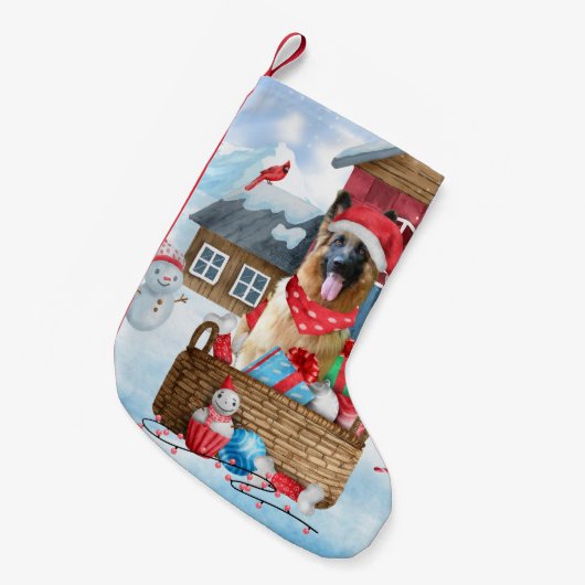 雪の中のドイツの羊飼い犬クリスマスドッグハウス スモールクリスマスストッキング (正面 (吊り時))