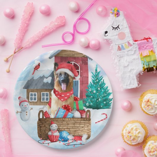 雪の中のドイツの羊飼い犬クリスマスドッグハウス ペーパープレート (パーティー)