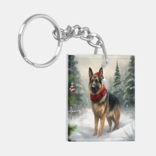 雪の中のドイツの羊飼い犬 キーホルダー (正面左)