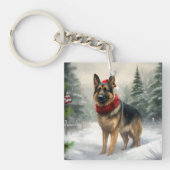雪の中のドイツの羊飼い犬 キーホルダー (正面)