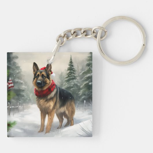 雪の中のドイツの羊飼い犬 キーホルダー (裏面)