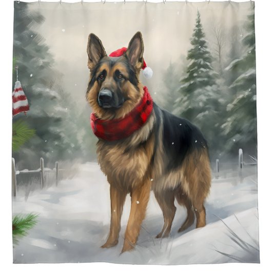 雪の中のドイツの羊飼い犬 シャワーカーテン (正面)