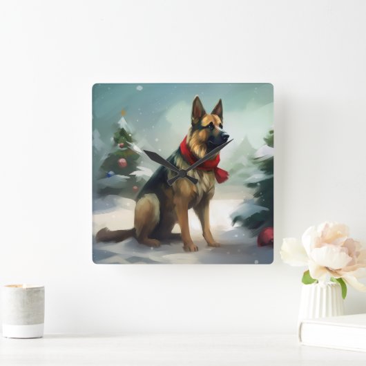 雪の中のドイツの羊飼い犬 スクエア壁時計 (ホーム)