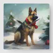 雪の中のドイツの羊飼い犬 スクエア壁時計 (正面)