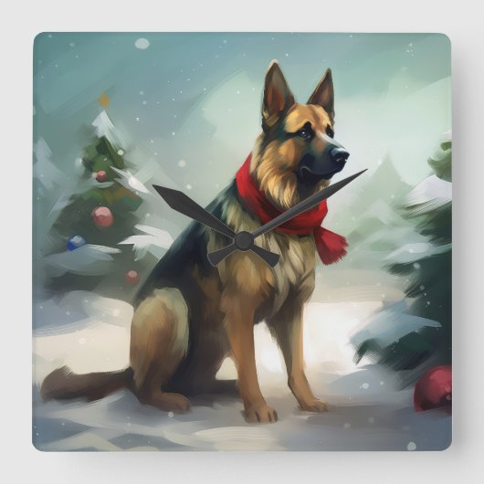 雪の中のドイツの羊飼い犬 スクエア壁時計 (正面)