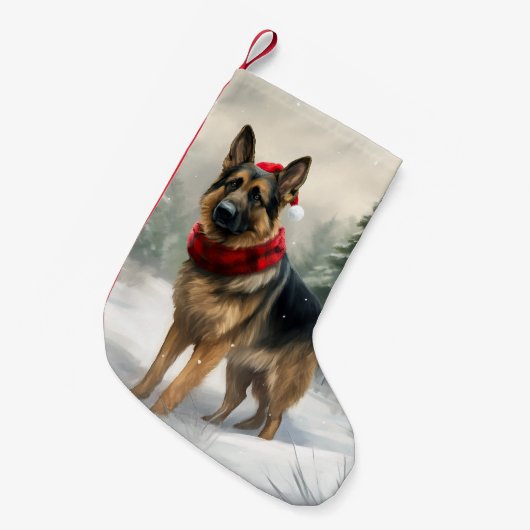 雪の中のドイツの羊飼い犬 スモールクリスマスストッキング (正面 (吊り時))