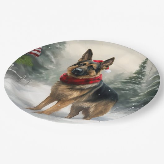 雪の中のドイツの羊飼い犬 ペーパープレート (アングル)