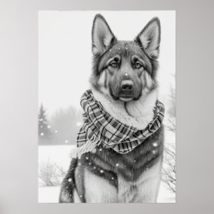 雪の中のドイツの羊飼い犬 ポスター