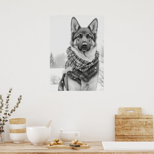 雪の中のドイツの羊飼い犬 ポスター (キッチン)