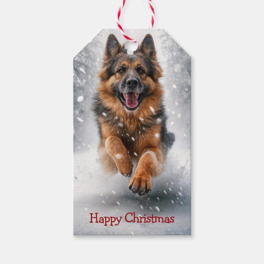 雪の中のドイツ走のシェパードのクリスマス ギフトタグ (正面)