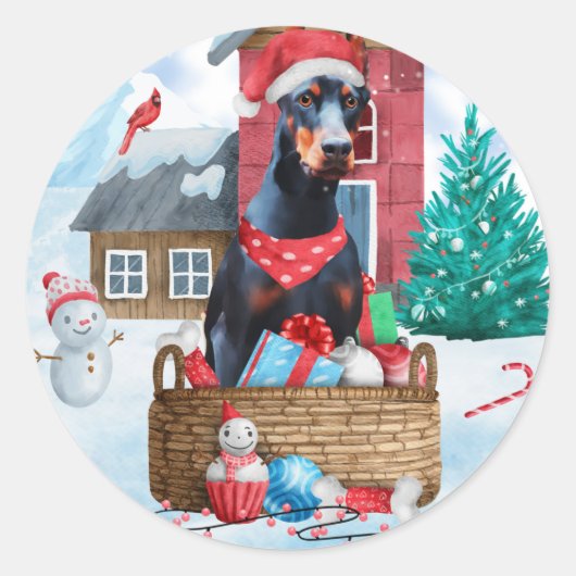 雪の中のドーベルマン犬 クリスマスの犬小屋 ラウンドシール (正面)