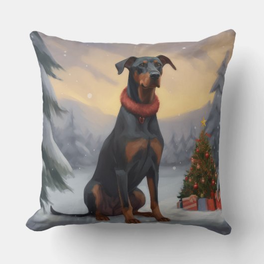 雪の中のドーベルマン クリスマス クッション (正面)