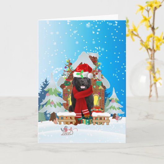 雪の中のニューファンドランドとクリスマスプレゼント カード (黄色い花)