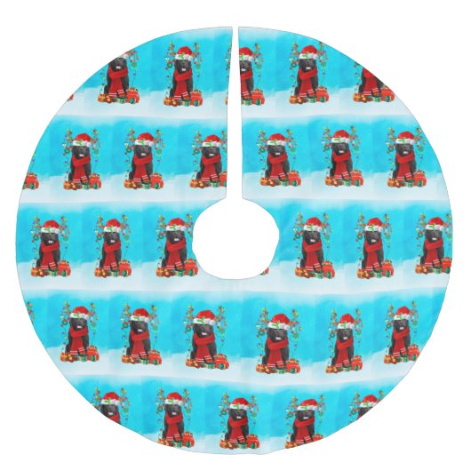 雪の中のニューファンドランドとクリスマスプレゼント ブラッシュドポリエステルツリースカート (正面)