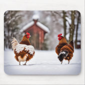 雪の中のニワトリのペア マウスパッド (正面)