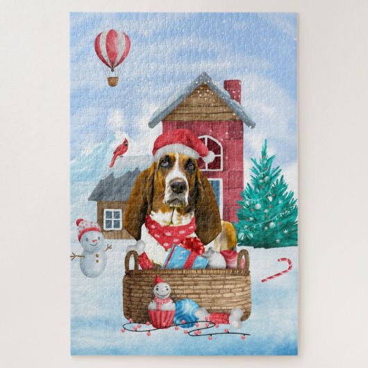 雪の中のバセットハウンドとクリスマスの犬小屋 ジグソーパズル (縦)
