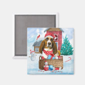 雪の中のバセット犬クリスマスドッグハウス マグネット (正面/裏面)