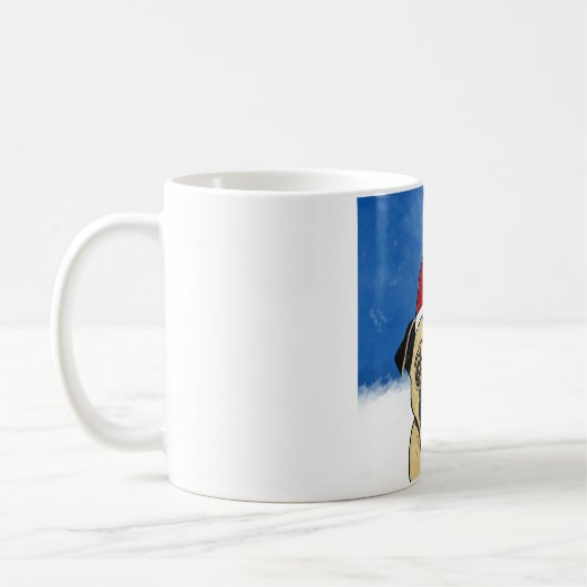 雪の中のパグドッグのクリスマスウォーターカラーアートポートレート コーヒーマグカップ (左)