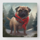 雪の中のパグ犬 クリスマス スクエア壁時計 (正面)