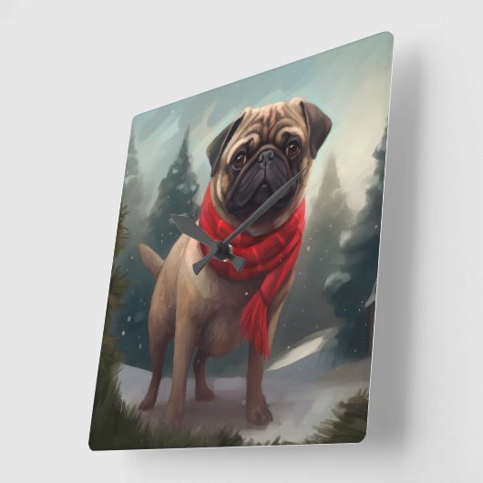 雪の中のパグ犬 クリスマス スクエア壁時計 (傾斜)