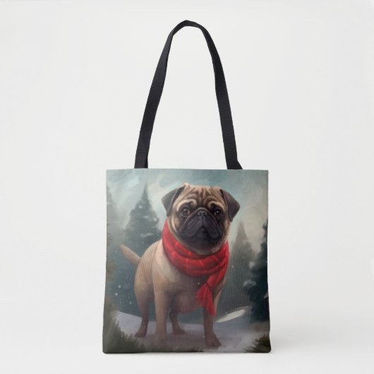 雪の中のパグ犬 クリスマス トートバッグ (正面)