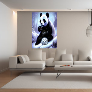 雪の中のパンダと金属製の球体   AIアートポスター ポスター