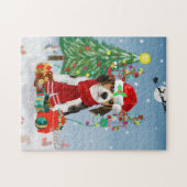 雪の中のビーグル犬とクリスマスプレゼント ジグソーパズル (横)