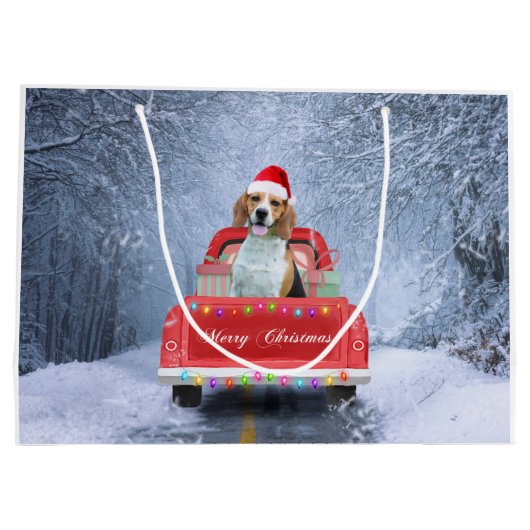 雪の中のビーグル犬のクリスマストラックに座って ラージペーパーバッグ (裏面)