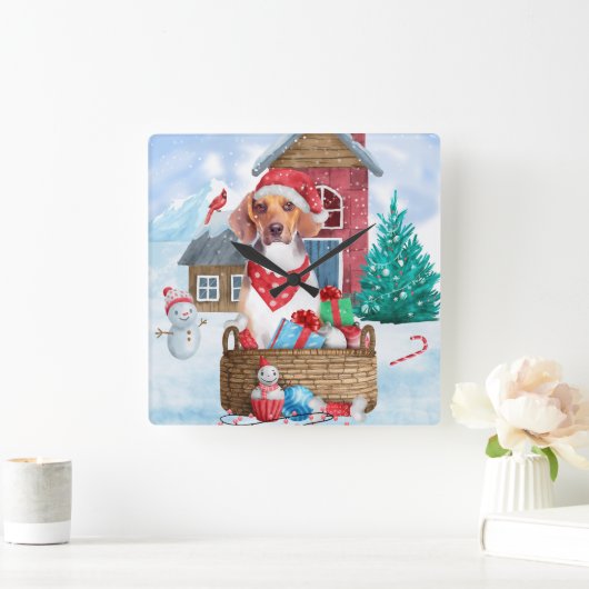 雪の中のビーグル犬クリスマスドッグハウス スクエア壁時計 (ホーム)