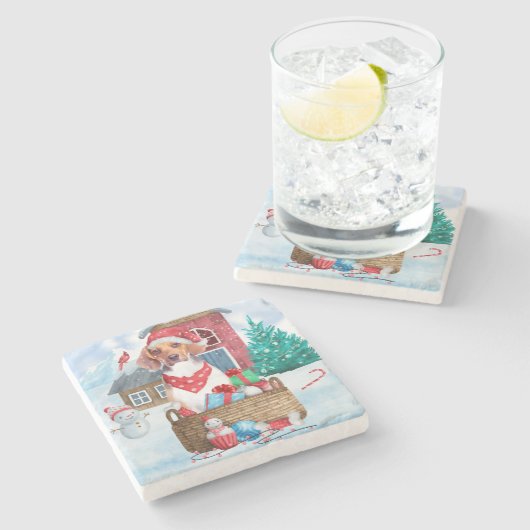 雪の中のビーグル犬クリスマスドッグハウス ストーンコースター (横)